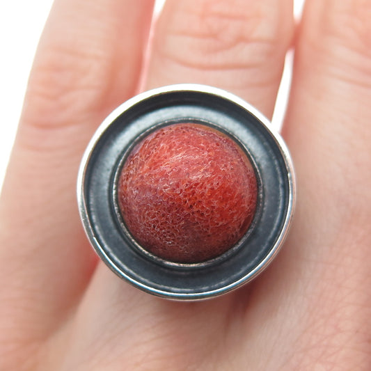 925 Sterling Silver Vintage Real Coral Modernist Oxidized Ring Size 5.75