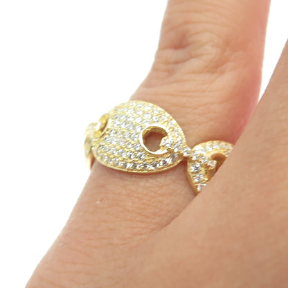 925 Sterling Silver Gold Plated Pave C Z Anchor Mariner Chain Band Ring Size 6