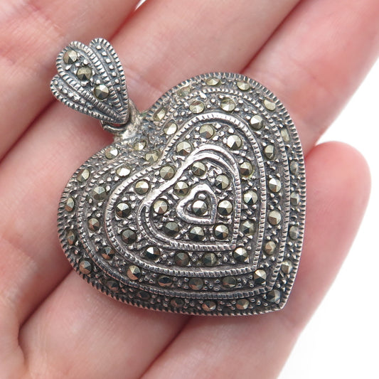 925 Sterling Silver Vintage Real Marcasite Heart Oxidized Pendant