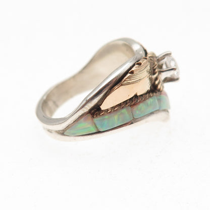 Silver Ray Navajo Old Pawn 925 Sterling 2-Tone Vintage Opal & C Z Ring Size 6