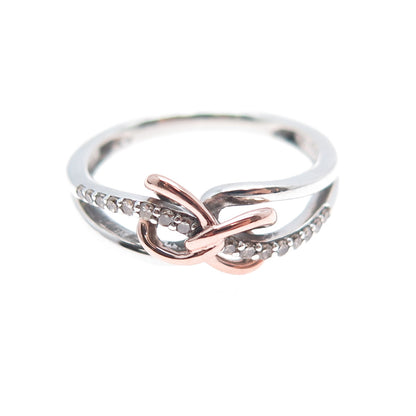 925 Sterling Silver 10K Rose Gold Real Diamond Infinity Heart Ring Size 7.25
