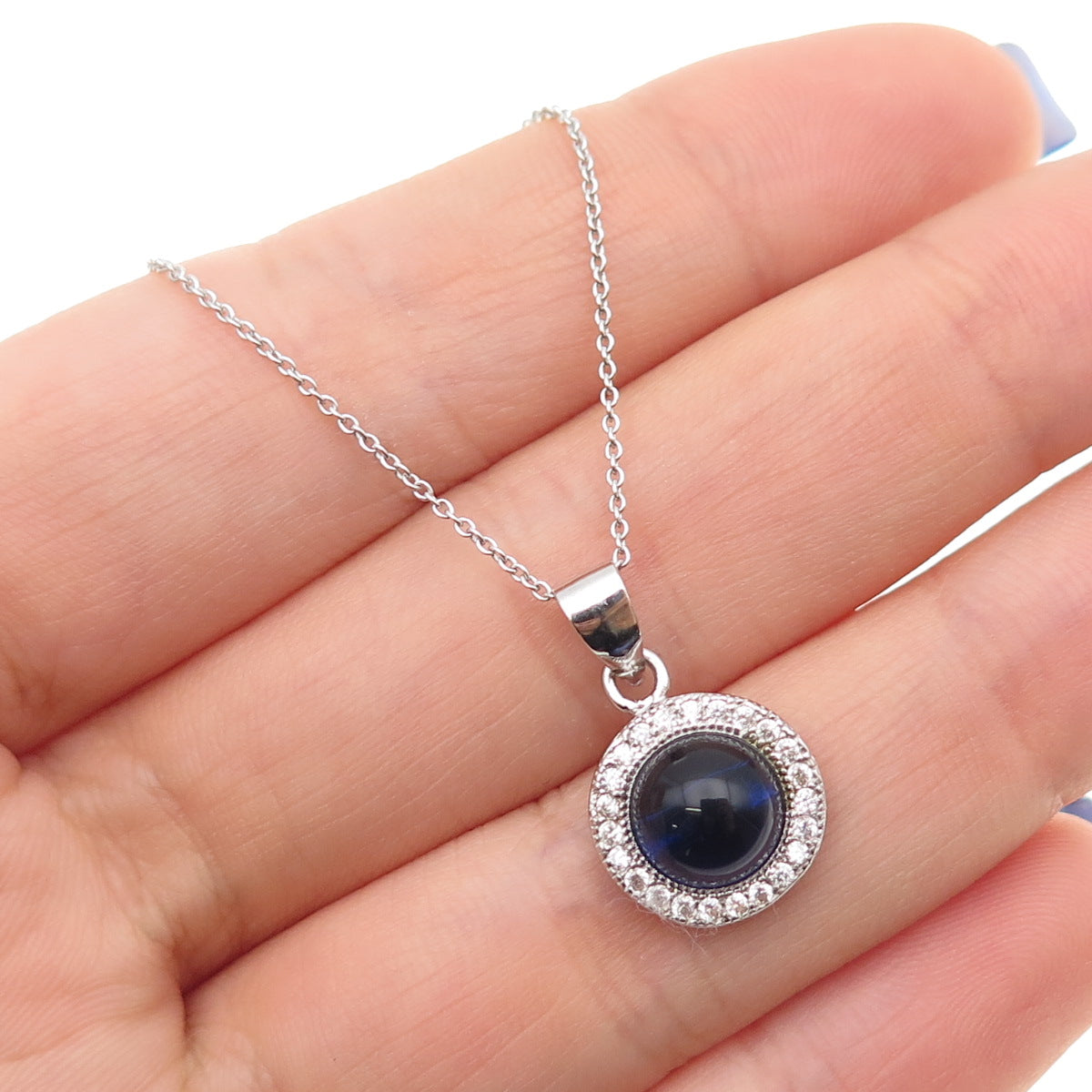 925 Sterling Silver Round-Cut Blue & White C Z Cable Chain Necklace 18"