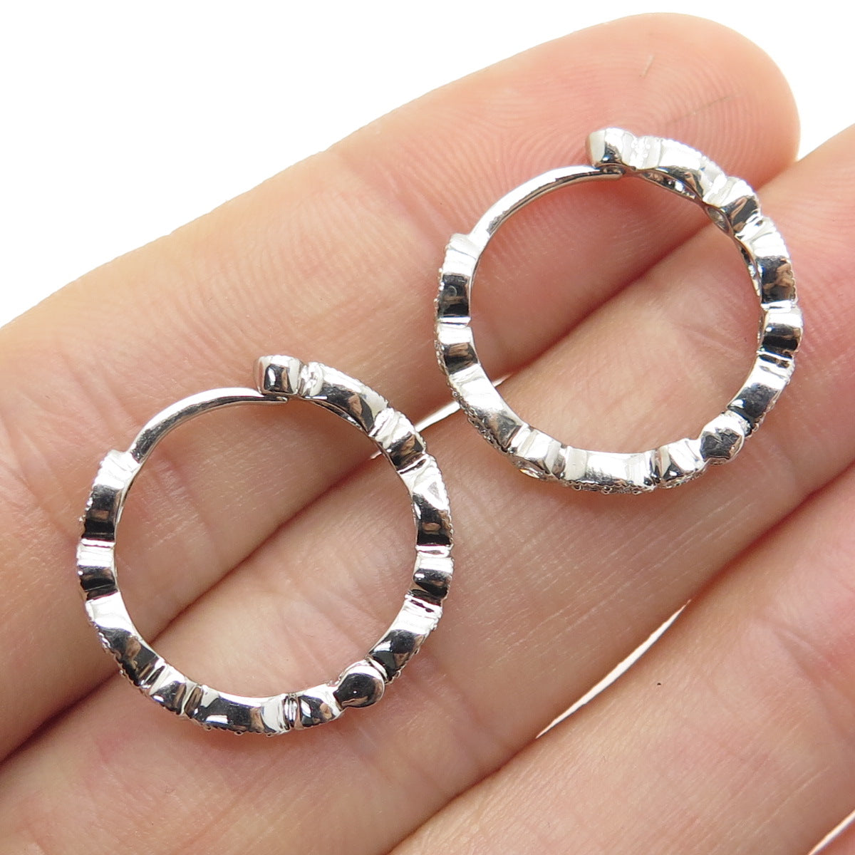 925 Sterling Silver Round-Cut C Z All Around Hoop Earrings