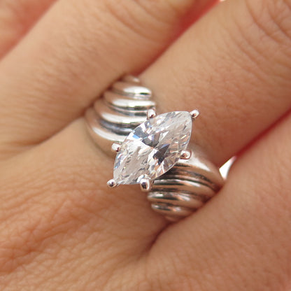 925 Sterling Silver Vintage Marquise-Cut C Z Modernist Oxidized Ring Size 10