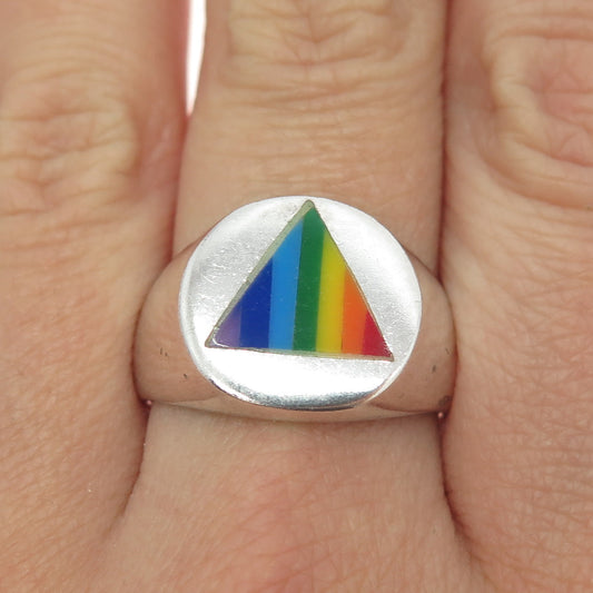 925 Sterling Silver Vintage Rainbow Enamel "Happy Pride" Signet Ring Size 10