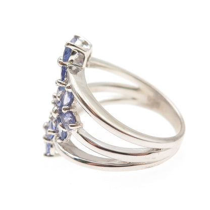 925 Sterling Silver Real Round & Pear-Cut Tanzanite Floral Ring Size 8