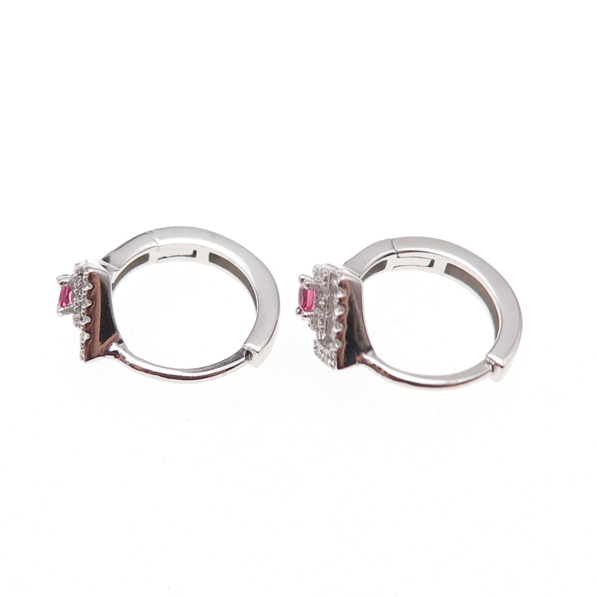 925 Sterling Silver Pink & White C Z Hoop Earrings