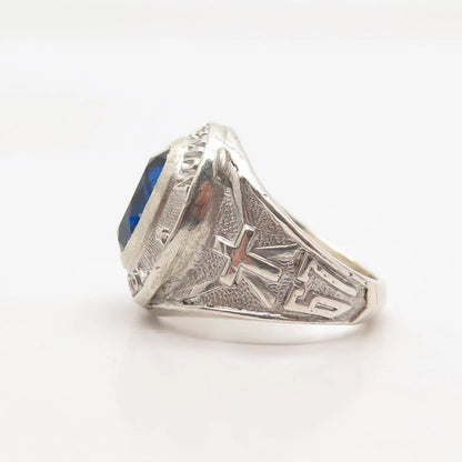 925 Sterling Silver Vintage Blue Glass "1967 Assumption" School Ring Size 5.5