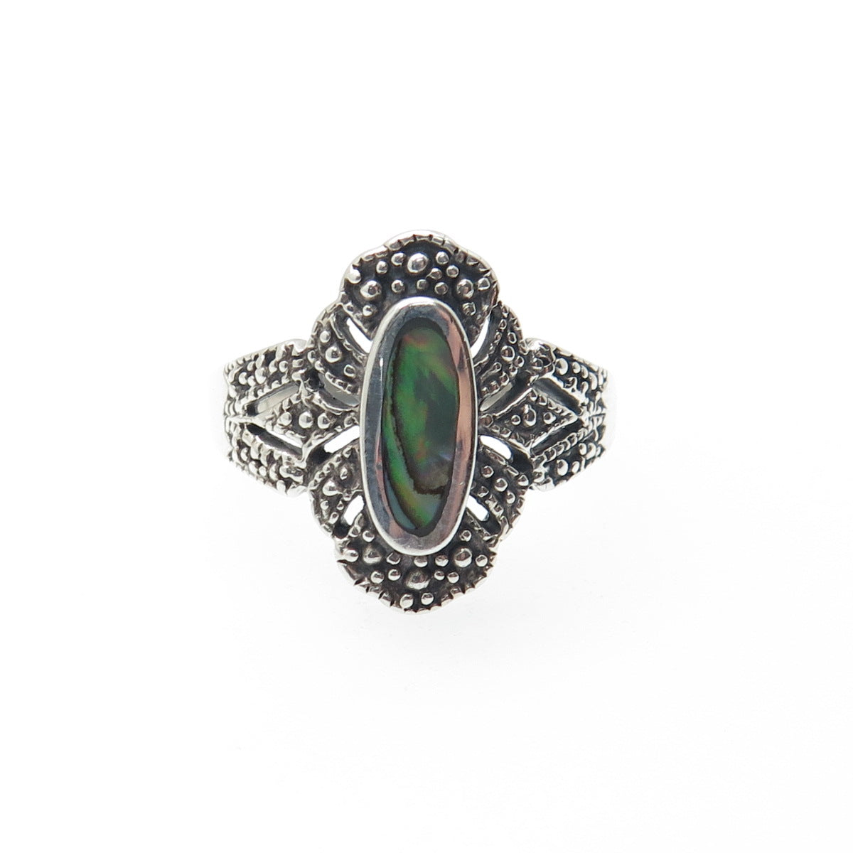 925 Sterling Silver Vintage Real Abalone Shell Oxidized Ring Size 9