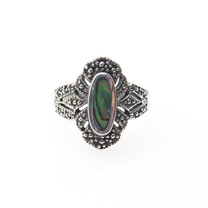 925 Sterling Silver Vintage Real Abalone Shell Oxidized Ring Size 9