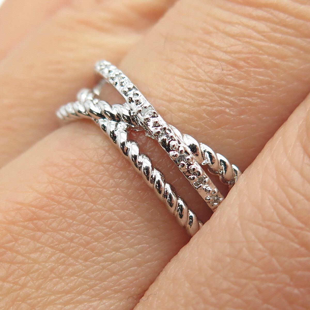 925 Sterling Silver Real Round-Cut Diamond Crisscross Ring Size 7.75
