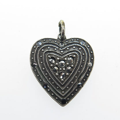 925 Sterling Silver Antique Art Deco Real Marcasite Heart Charm Pendant