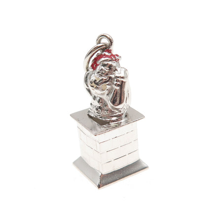 925 Sterling Silver Antique Art Deco Enamel Santa Claus Chimney 3D Charm Pendant