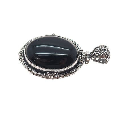 925 Sterling Silver Vintage Real Black Onyx Ornate Oxidized Pendant