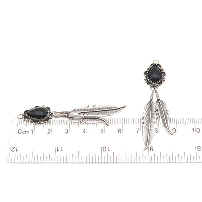 Old Pawn Sterling Silver Vintage Southwestern Black Onyx Feather Jacket Earrings