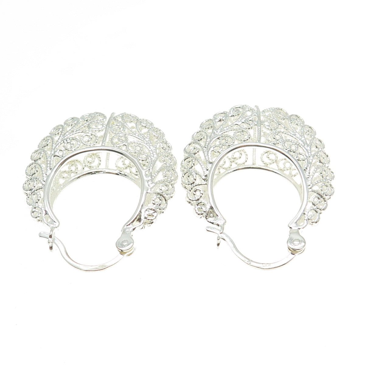 925 Sterling Silver Vintage Ornate Filigree Hoop Earrings