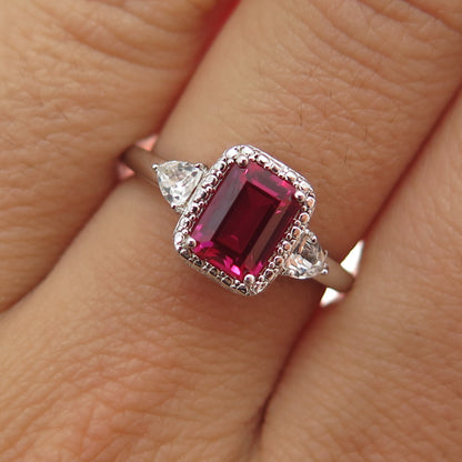 SAI 925 Sterling Silver Lab-Created Ruby & Real White Topaz Ring Size 6.75