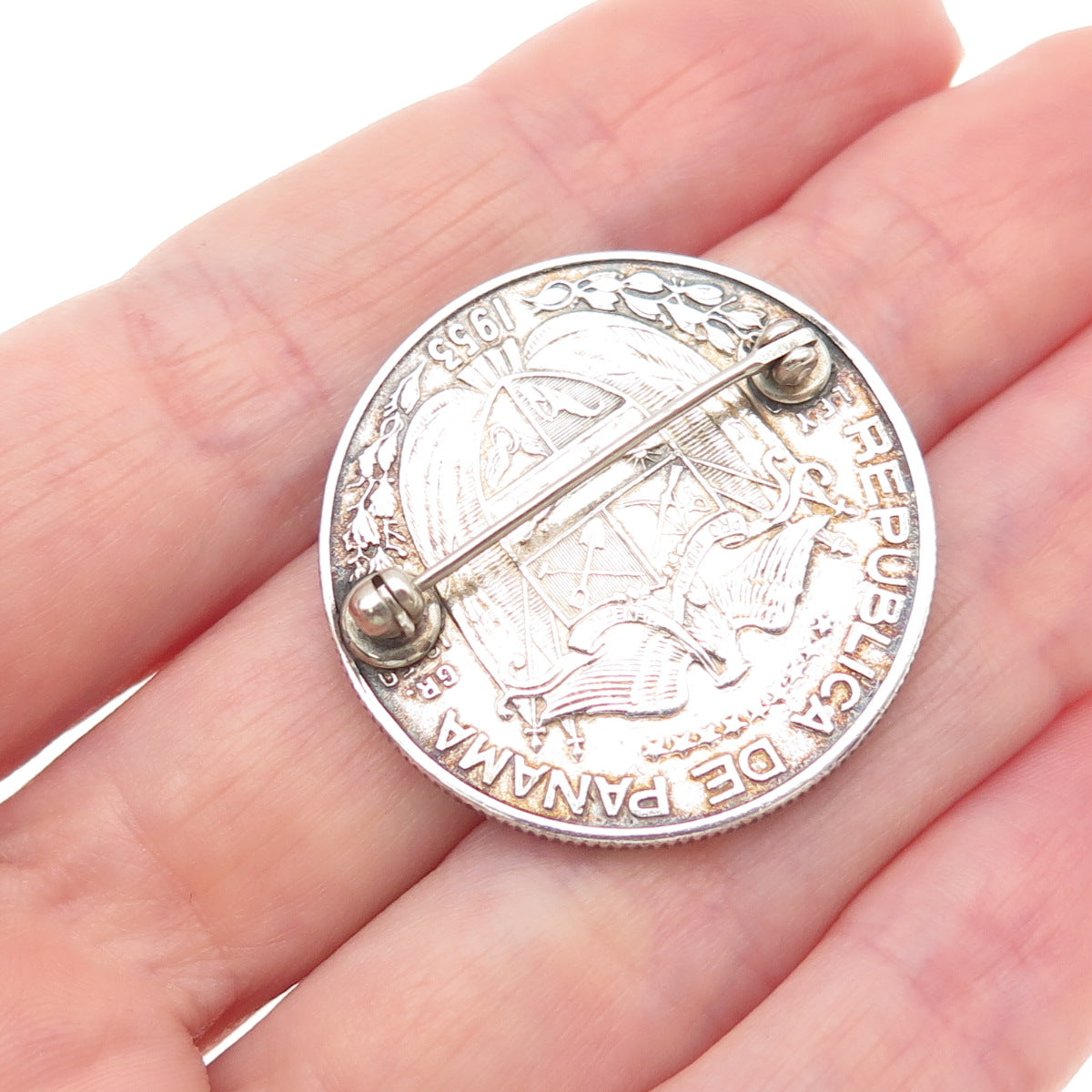 900 Silver Vintage 1953 Panama 1/2 Balboa Coin Pin Brooch