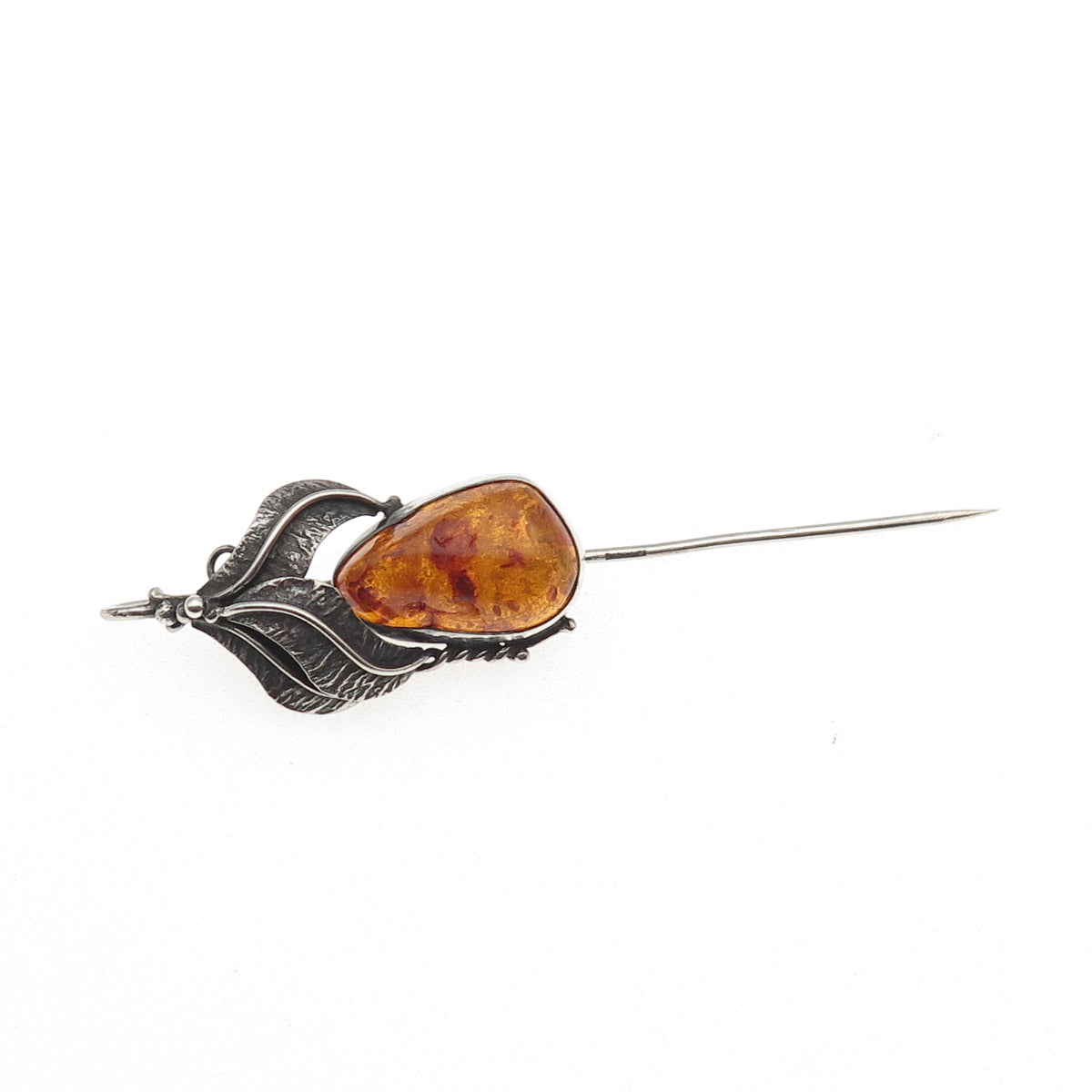 800 Silver Vintage JS Poland Real Amber Modernist Floral Oxidized Lapel Pin
