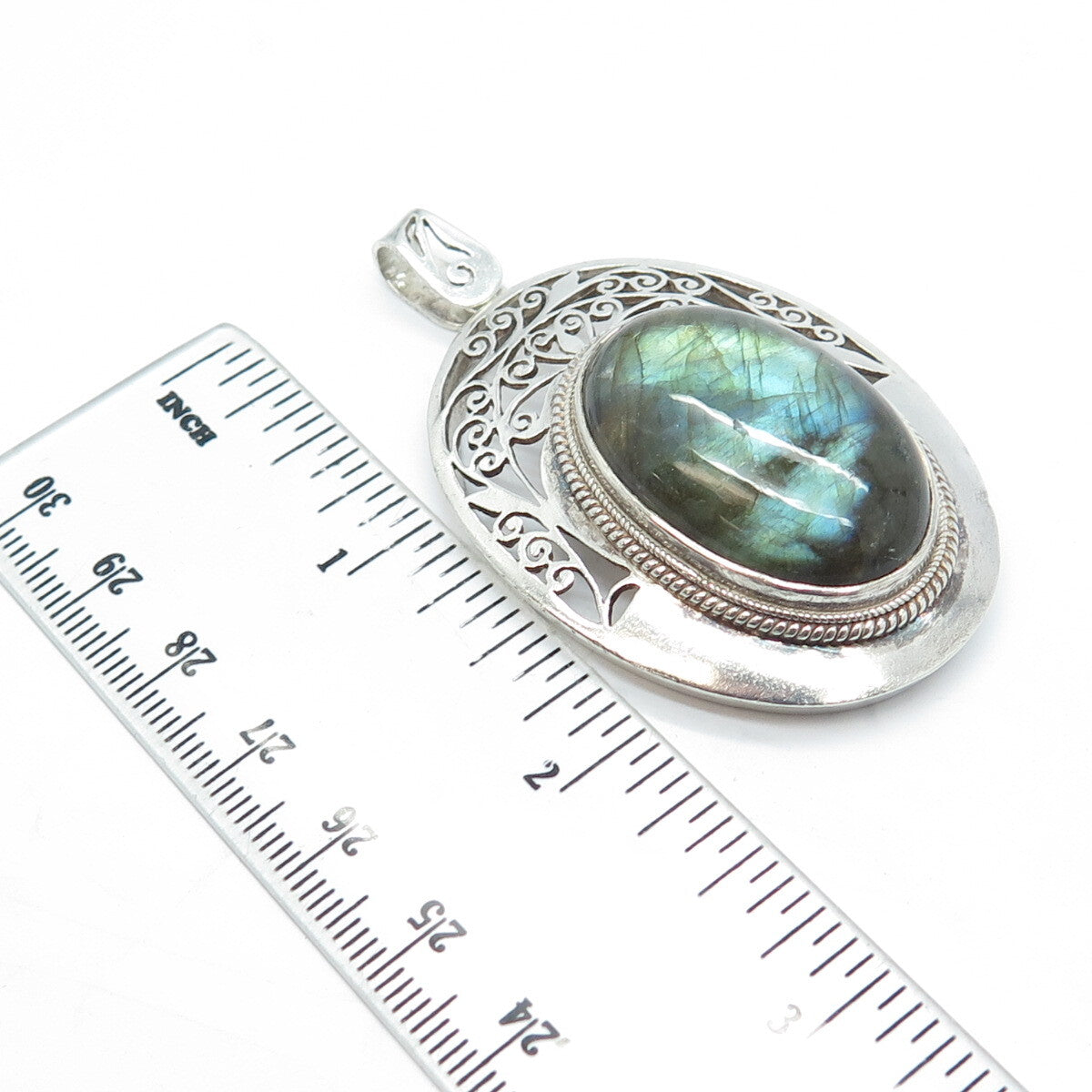 925 Sterling Silver Vintage Real Labradorite Gemstone Ornate Pendant