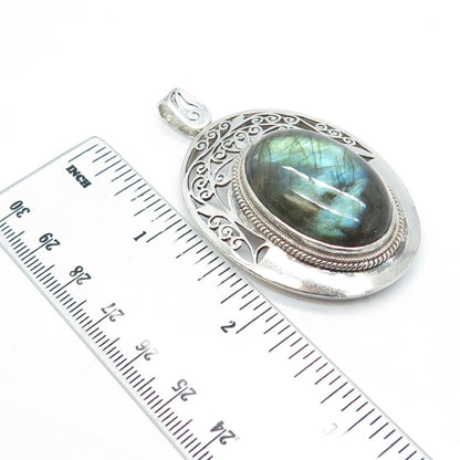 925 Sterling Silver Vintage Real Labradorite Gemstone Ornate Pendant