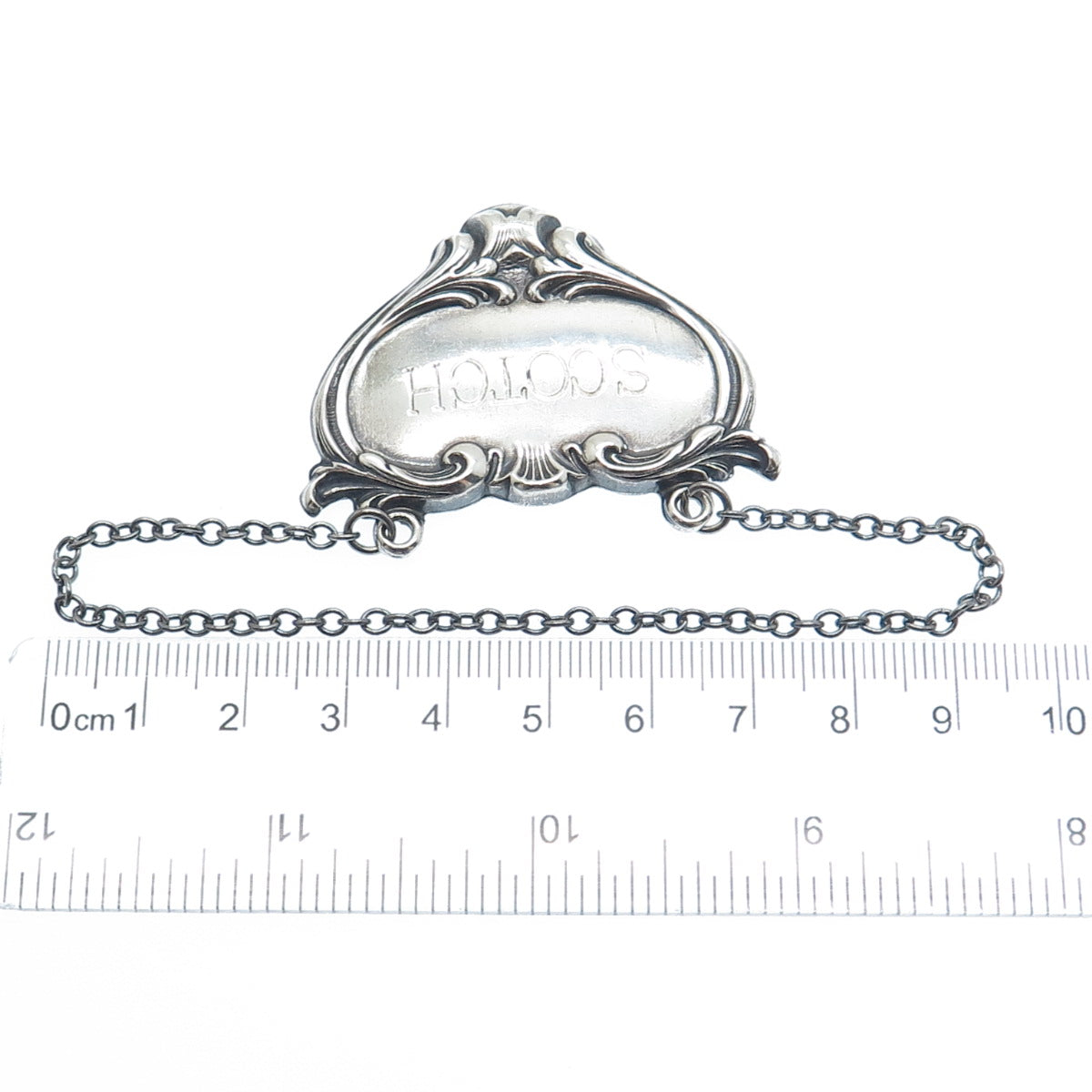 925 Sterling Silver Antique Art Deco Scotch Repousse Bottle Tag