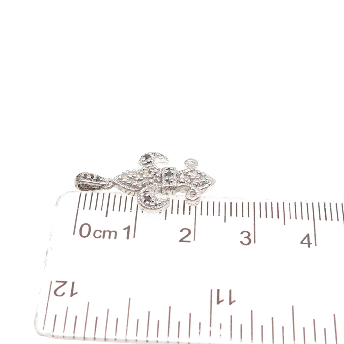 925 Sterling Silver Real Round-Cut Black & White Diamond Fleur de Lis Pendant
