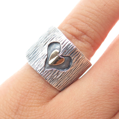 925 Sterling Silver & 14K Gold Vintage Modernist Heart Oxidized Ring Size 6.75