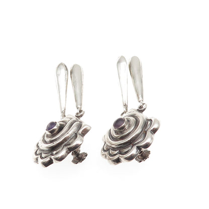 925 Sterling Vintage Mexico Real Amethyst Floral Dangle Screw Back Earrings