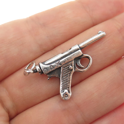925 Sterling Silver Vintage Luger Pistol Oxidized Charm Pendant