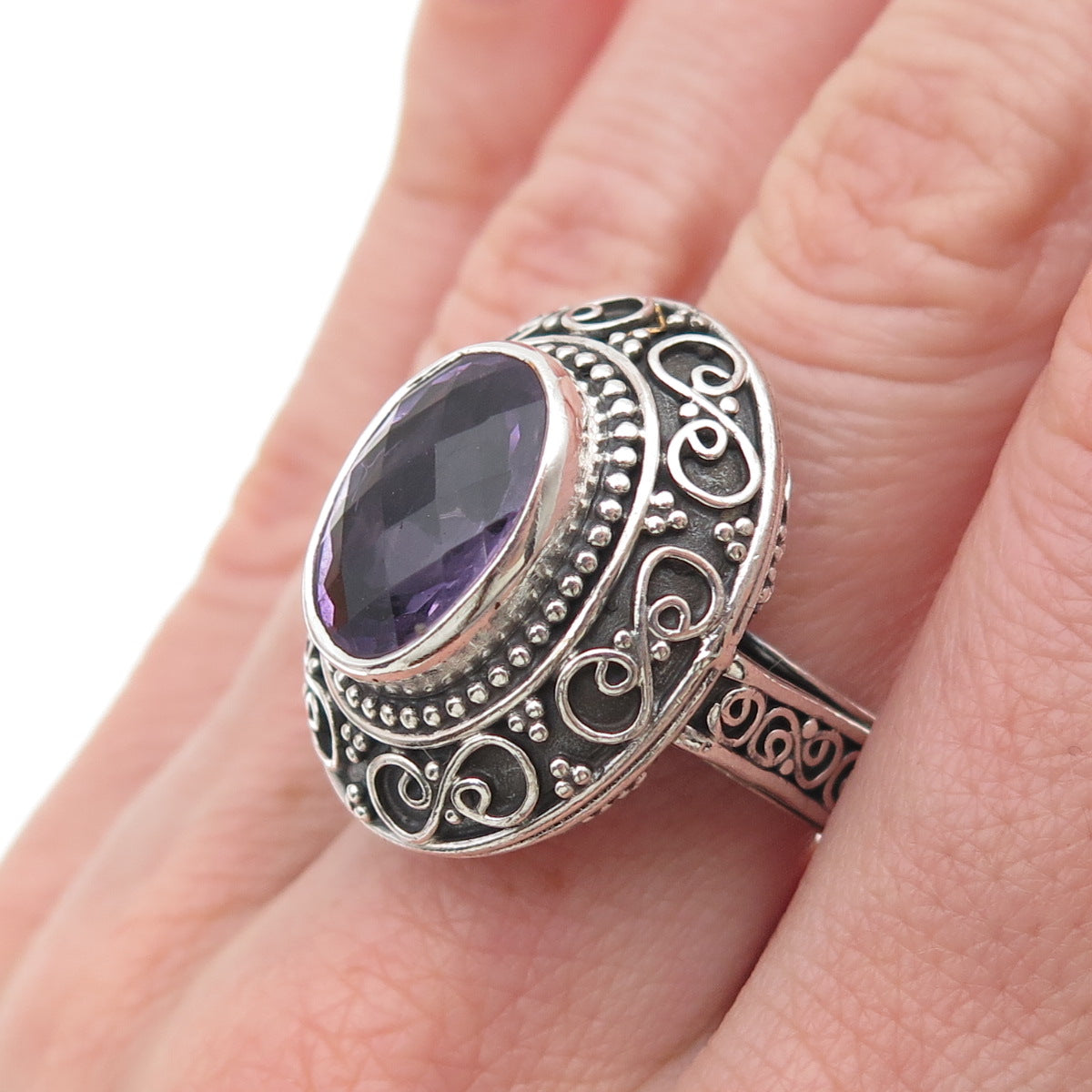 925 Sterling Silver Vintage Real Amethyst Scroll Oxidized Ring Size 7