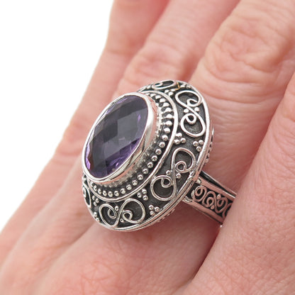 925 Sterling Silver Vintage Real Amethyst Scroll Oxidized Ring Size 7