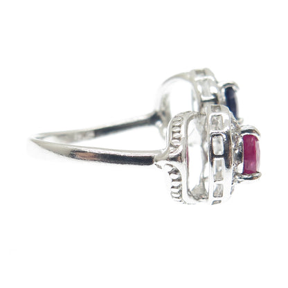 CHUCK CLEMENCY 925 Sterling Silver White Topaz Ruby & Sapphire Gem Ring Size 6