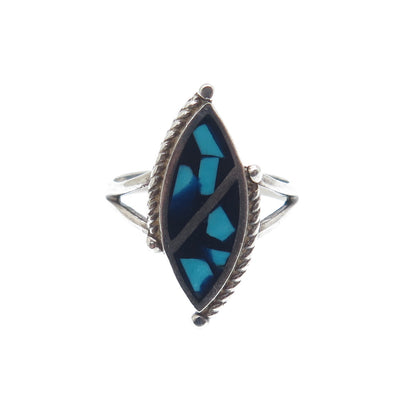 925 Sterling Silver Vintage Southwestern Turquoise Inlay Oxidized Ring Size 6.5