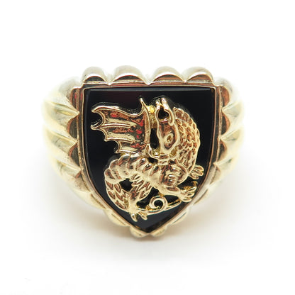 NLP TNC INC Sterling Silver Gold Plated Vintage Real Onyx Dragon Ring Size 10.25