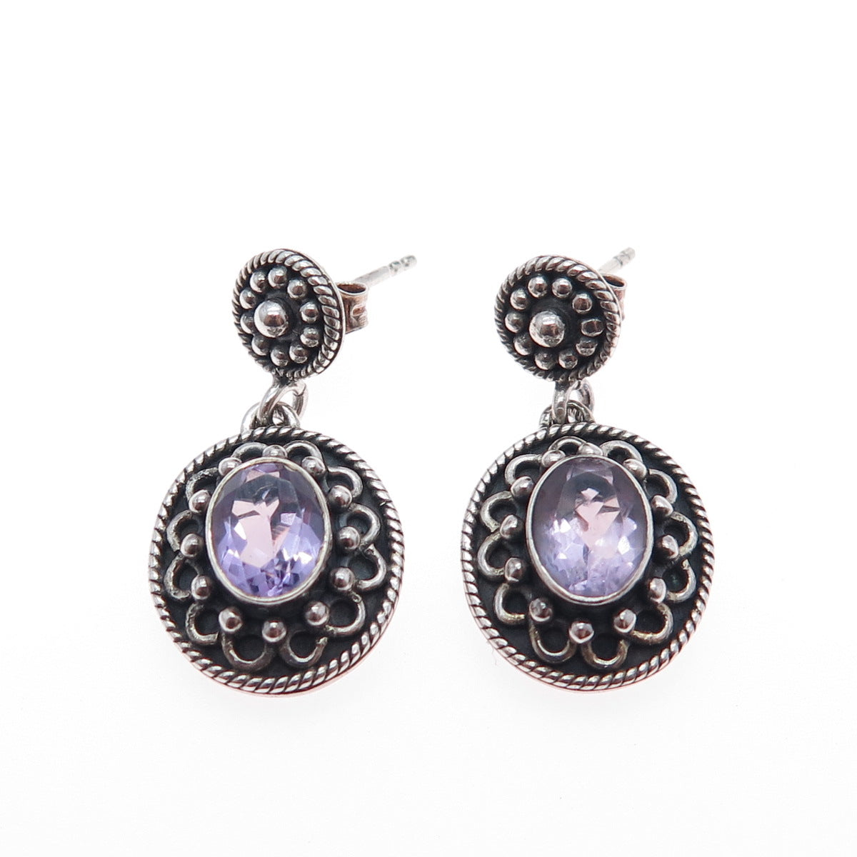 DOUG PAULUS 925 Sterling Silver Vintage Real Amethyst Oxidized Dangle Earrings