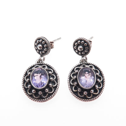 DOUG PAULUS 925 Sterling Silver Vintage Real Amethyst Oxidized Dangle Earrings