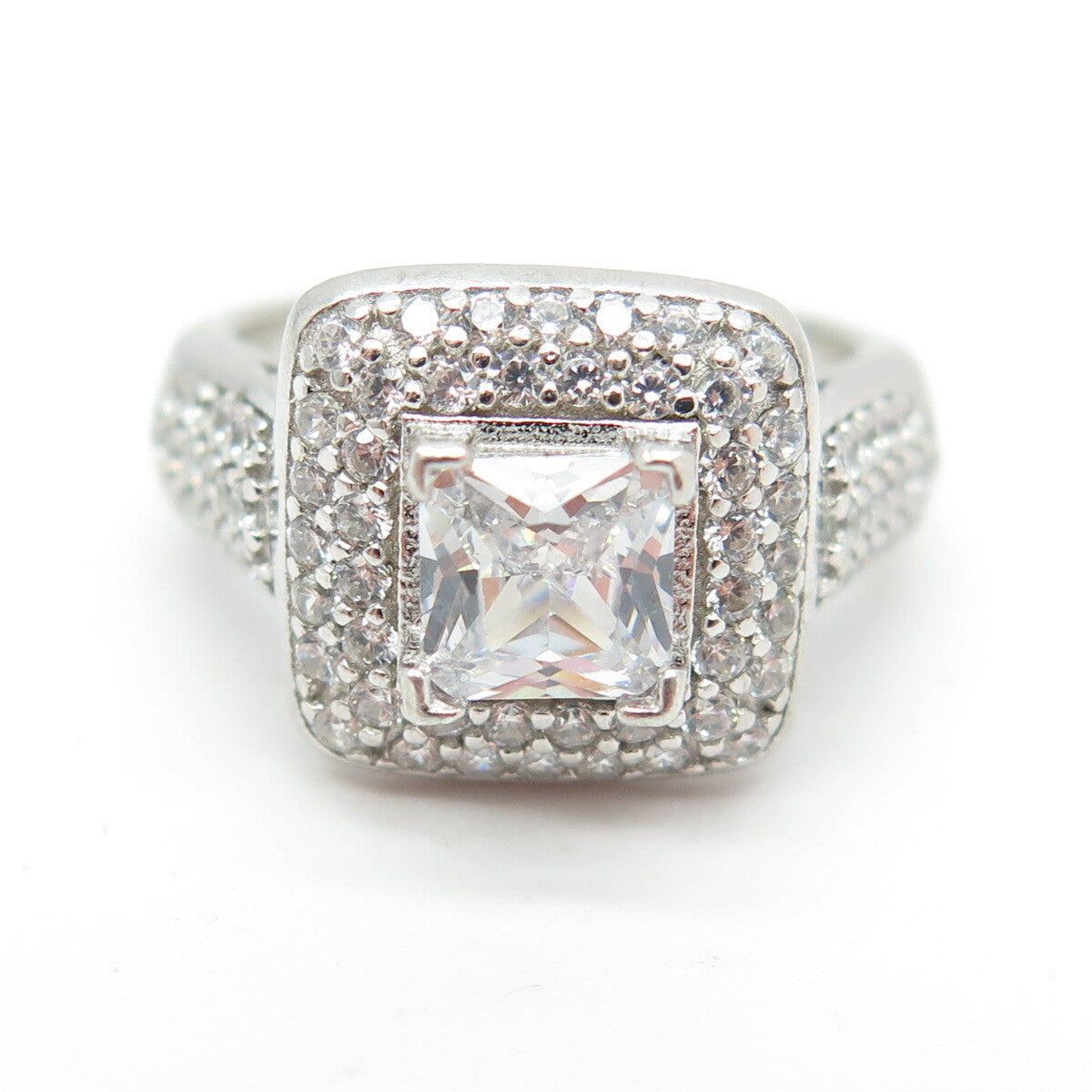 925 Sterling Silver Princess & Round-Cut C Z Engagement Ring Size 6.5
