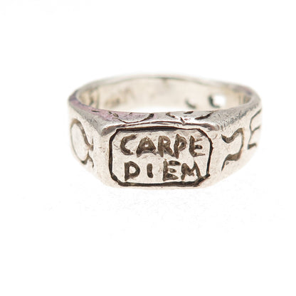 925 Sterling Silver Vintage Carpe Diem Oxidized Ring Size 7.5
