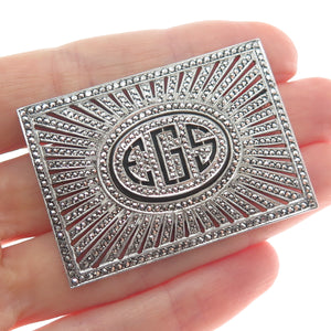925 Sterling Silver Antique Real Black Onyx & Marcasite Gem EGS Monogram Brooch