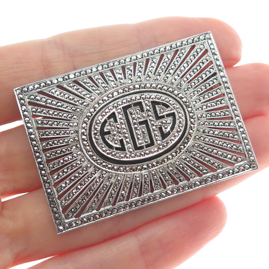925 Sterling Silver Antique Real Black Onyx & Marcasite Gem EGS Monogram Brooch