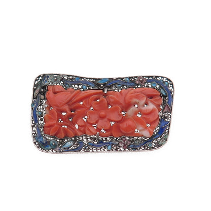 925 Sterling Silver Antique China Real Coral & Enamel Floral Filigree Pin Brooch