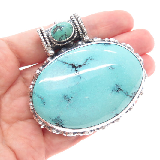 925 Sterling Silver Vintage Real Turquoise Oxidized Heavy 83.9g Slide Pendant