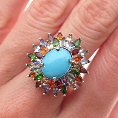 D'Joy 925 Sterling Silver Real Turquoise & Multi-Color Gem Ring Size 8
