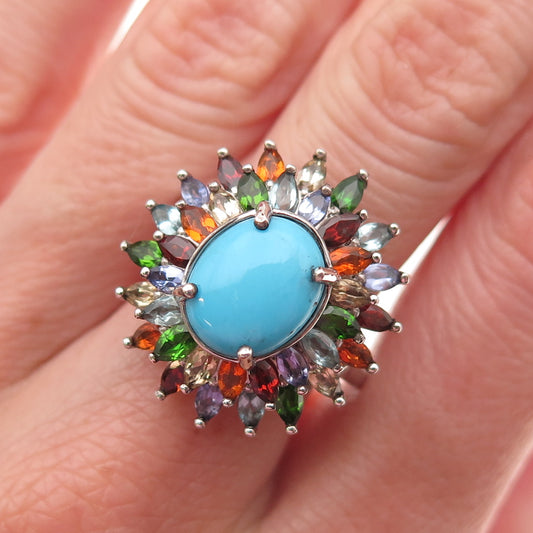 D'Joy 925 Sterling Silver Real Turquoise & Multi-Color Gem Ring Size 8