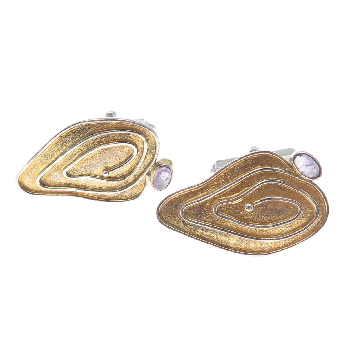 925 Sterling Silver 2-Tone Vintage Real Amethyst Gemstone Modernist Cufflinks