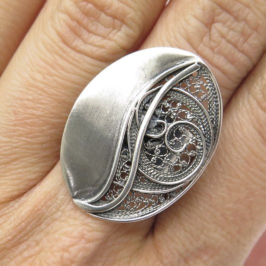 835 Silver Vintage Portugal Filigree Modernist Adjustable Ring Size 7.25