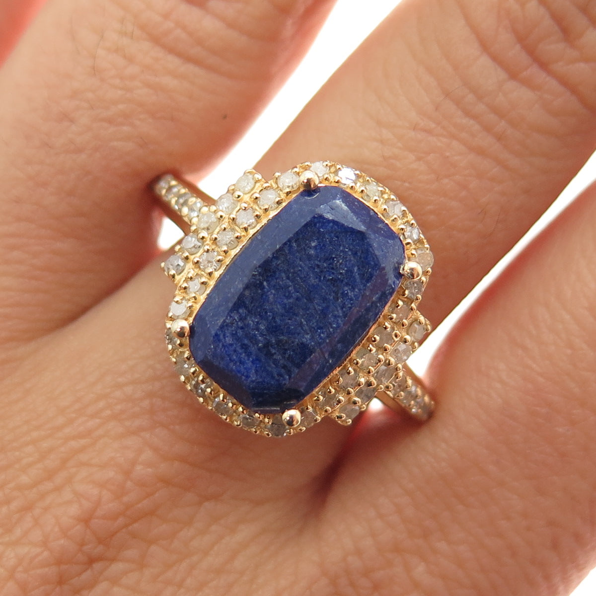 DSMK 925 Sterling Silver Gold Plated Real Diamond & Sapphire Ring Size 9.25