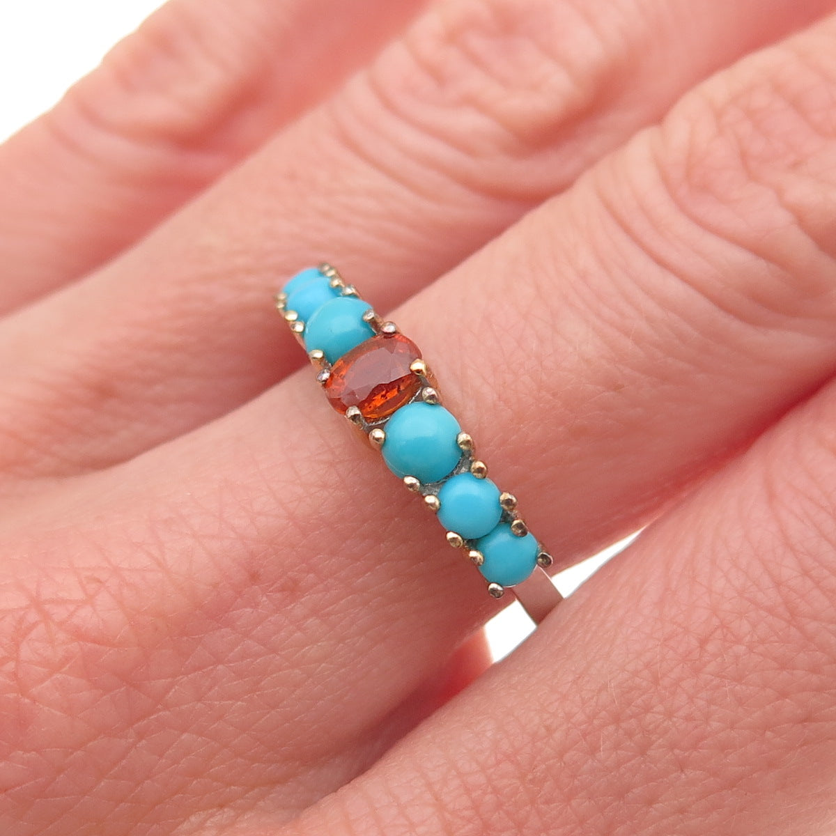 925 Sterling Silver 2-Tone Real Fire Sapphire & Turquoise Ring Size 8.25