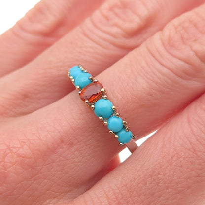 925 Sterling Silver 2-Tone Real Fire Sapphire & Turquoise Ring Size 8.25